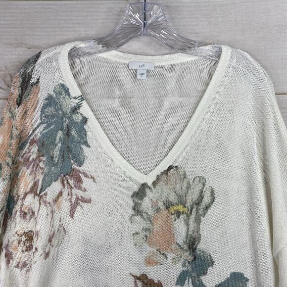 J Jill Sweater Womens XL Linen Blend White Floral Boho Tunic Open Knit Relaxed - Picture 2 of 8